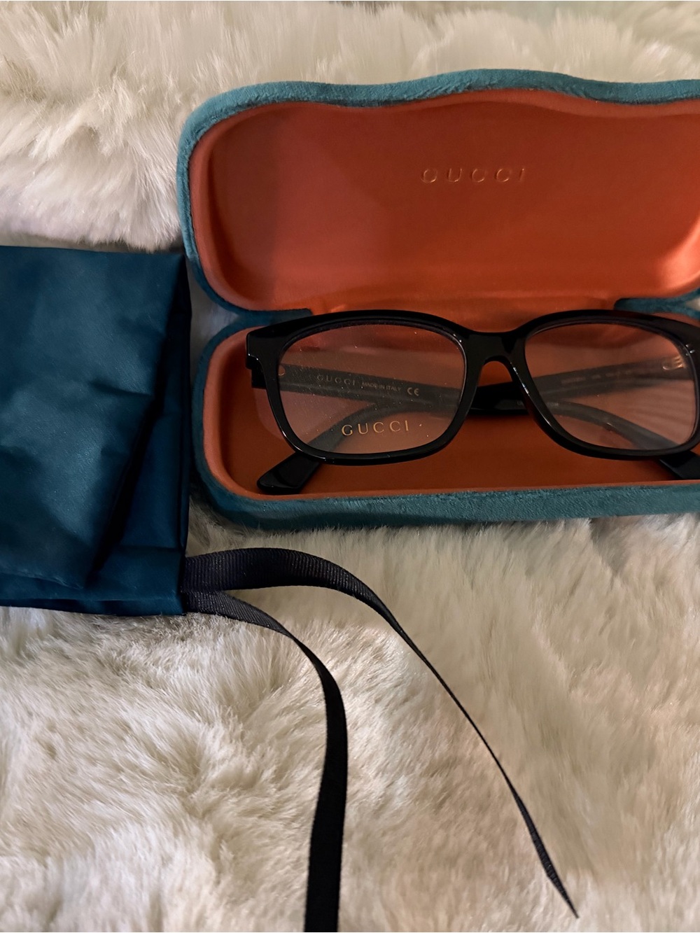 Gucci Black Eyeglass Frames with Teal Case and Orange Interior
